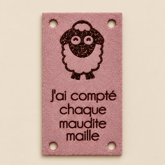 Édition Projet Rose - Étiquette lavable ultra suède pour tricot "J'ai compté chaque maudite maille")