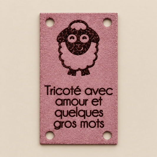 Édition Projet Rose - Étiquette lavable ultra suède pour tricot "Tricoté avec quelques gros mots"