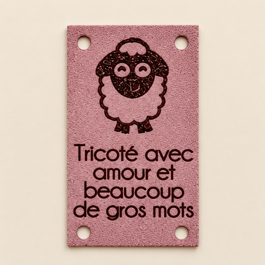 Édition Projet Rose - Étiquette lavable ultra suède pour tricot "Tricoté avec beaucoup de gros mots"