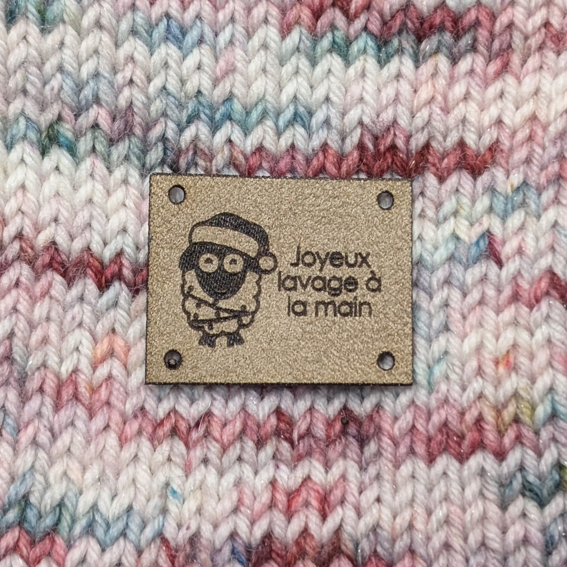 Washable ultra suede label for knitting "Falalala, wash it by hand!"